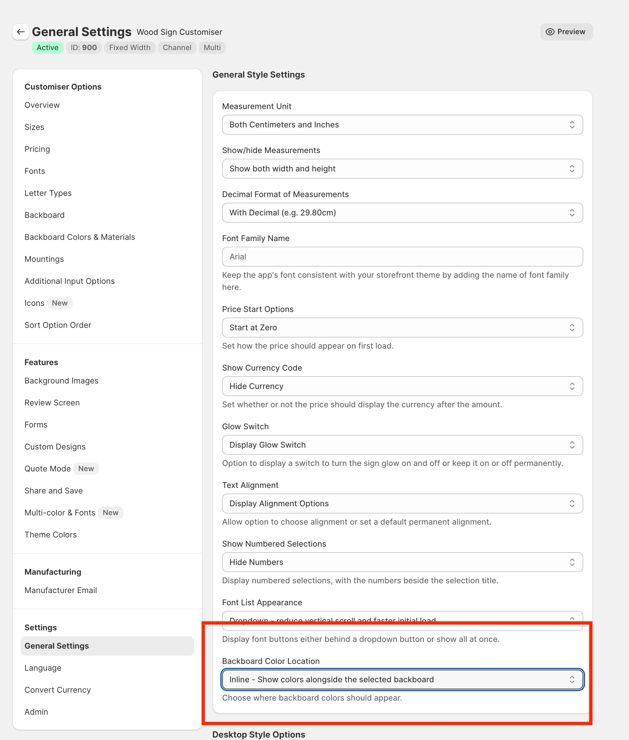 Customiser admin area showing where to find the new setting