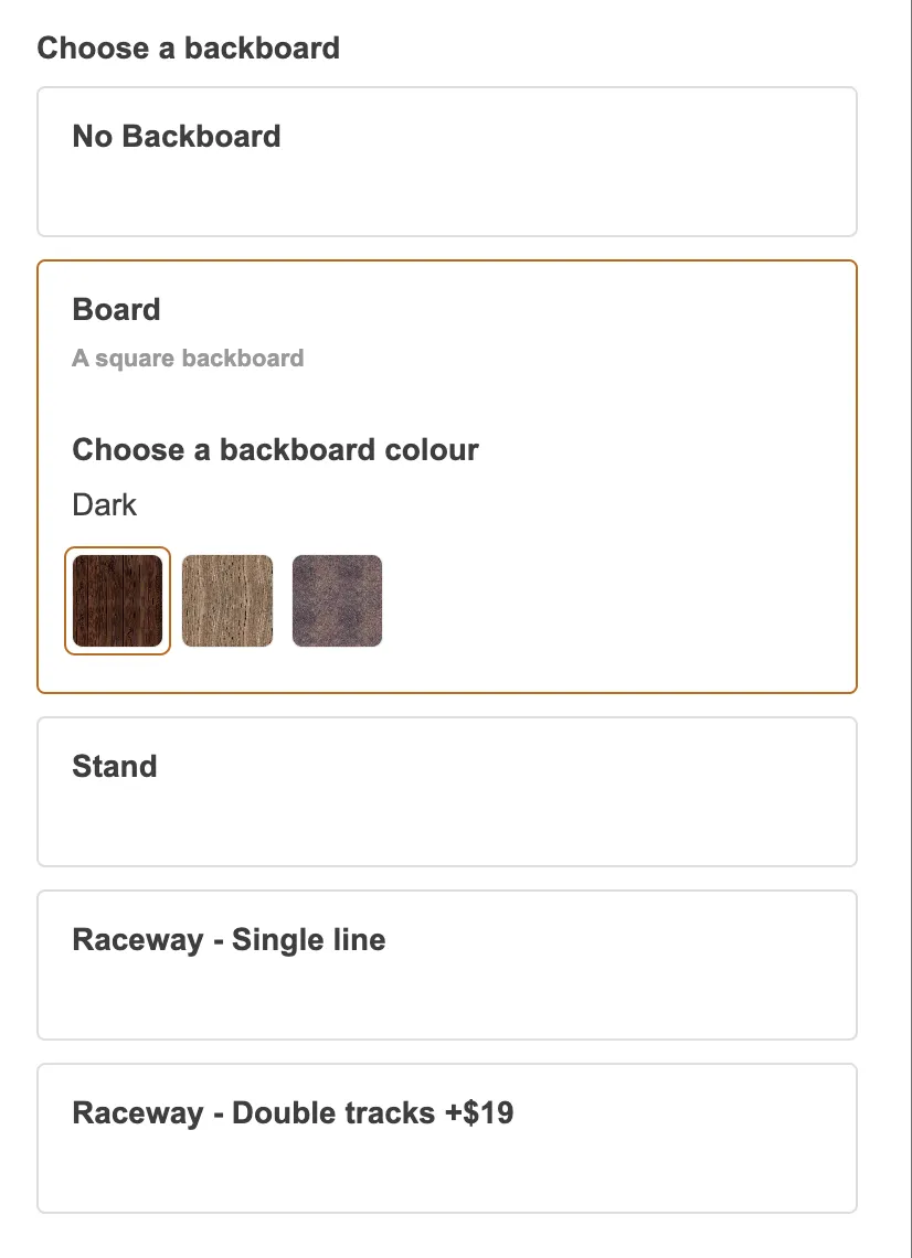 Backboard option that is selected showing colour and material choices