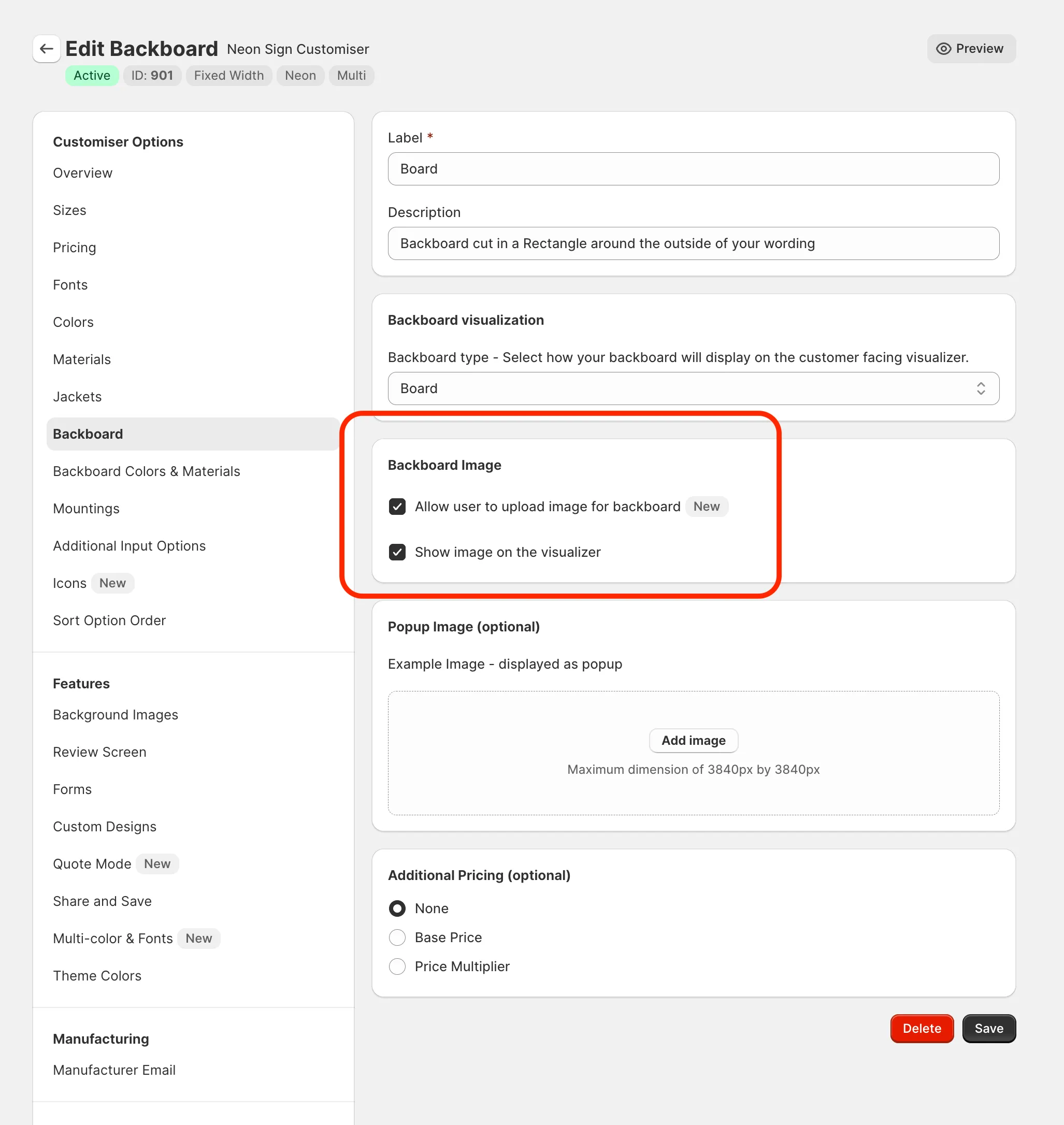 Customiser admin backboard form showing new checkboxes to enable custom backgrounds