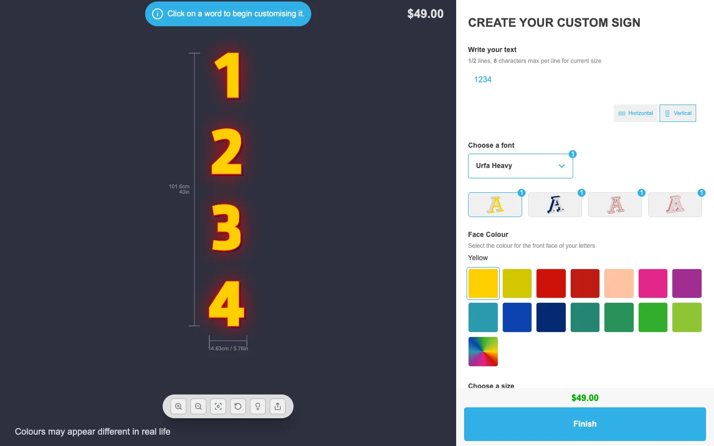 Customiser preview showing the digits "1234" stacked vertically with the new Horizontal and Vertical orientation toggle next to the text input