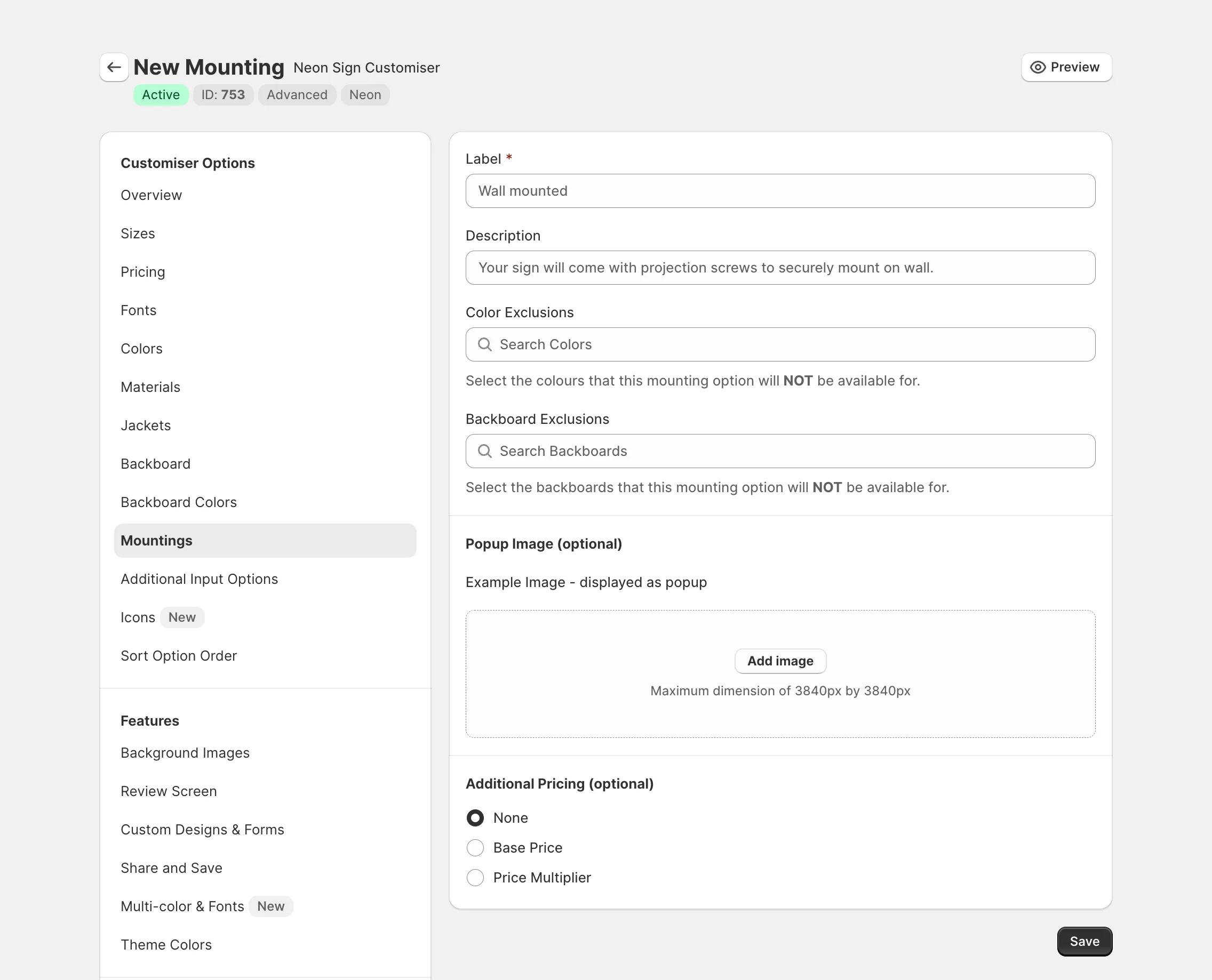 Exclude colours and backboards from mounting options