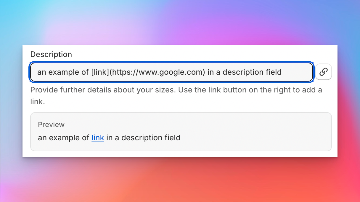 Admin description field showing Markdown link syntax and the rendered preview with a clickable link
