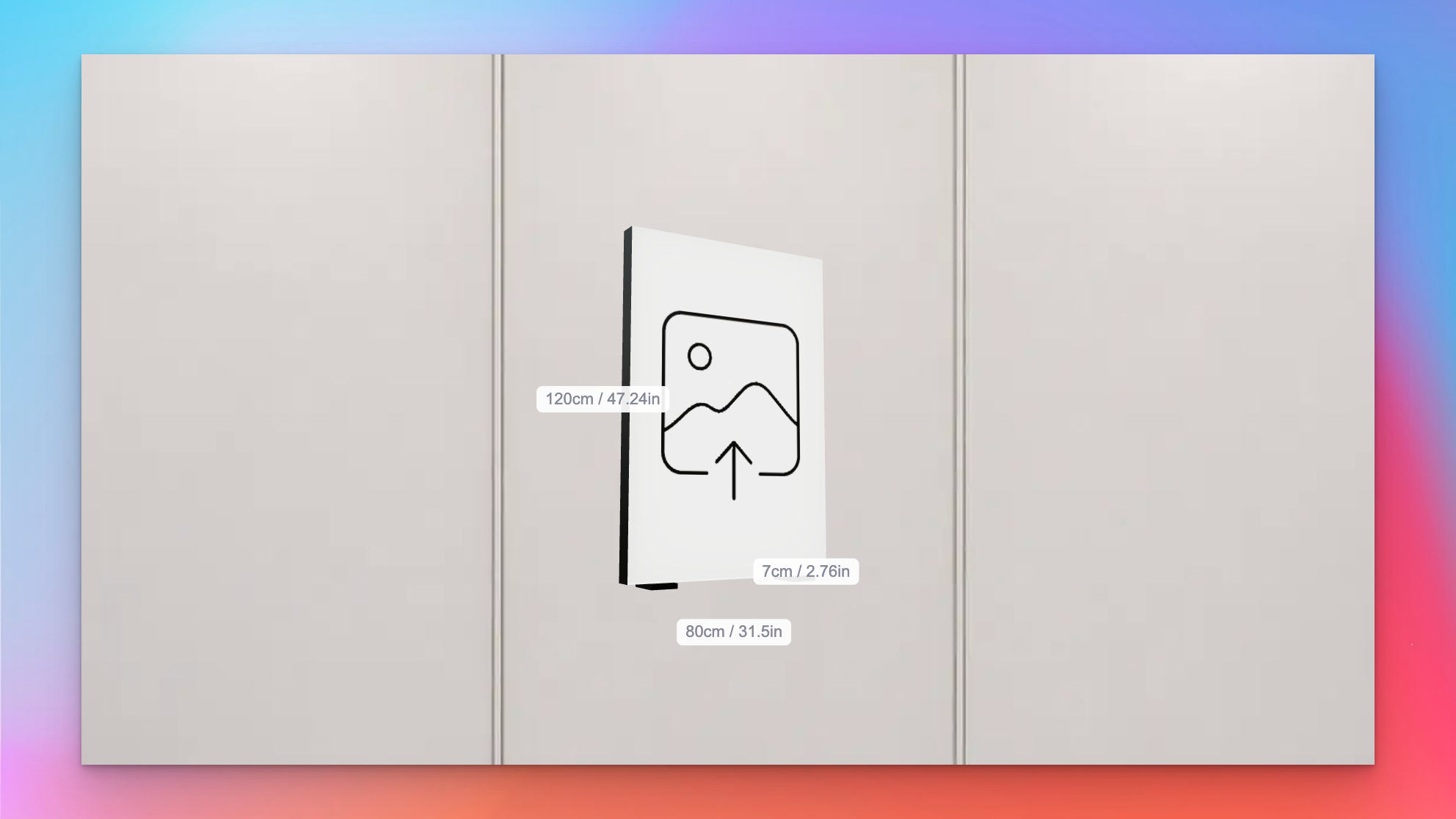 Lightbox 3D preview showing width, height, and length labels in centimetres and inches