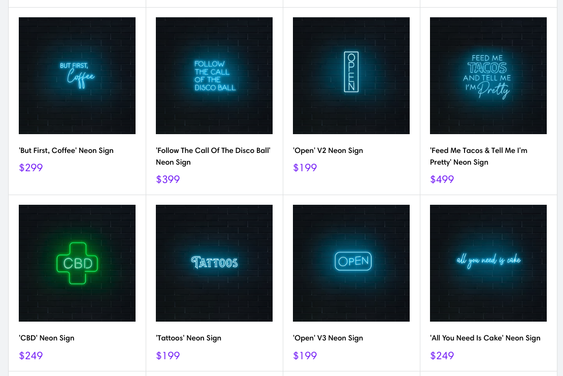 Collection of products on Neon Sign Store